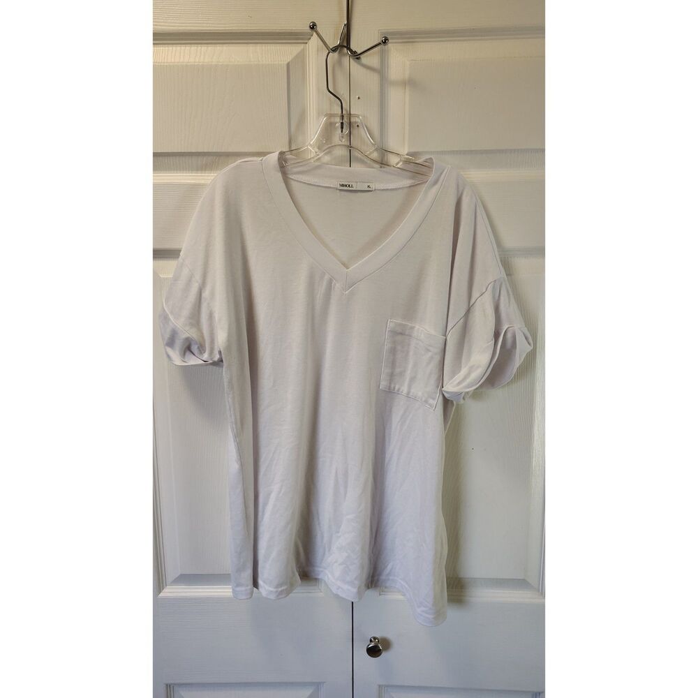 Miholl White V-Neck Pocket Tee Cuffed Short Sleeve Casual Loose Fit T-Shirt XL